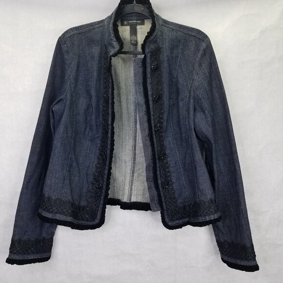 I.N.C. Jean Jacket Women's L Lace Velvet Beaded Button Hook Closure Denim VTG - Picture 2 of 16